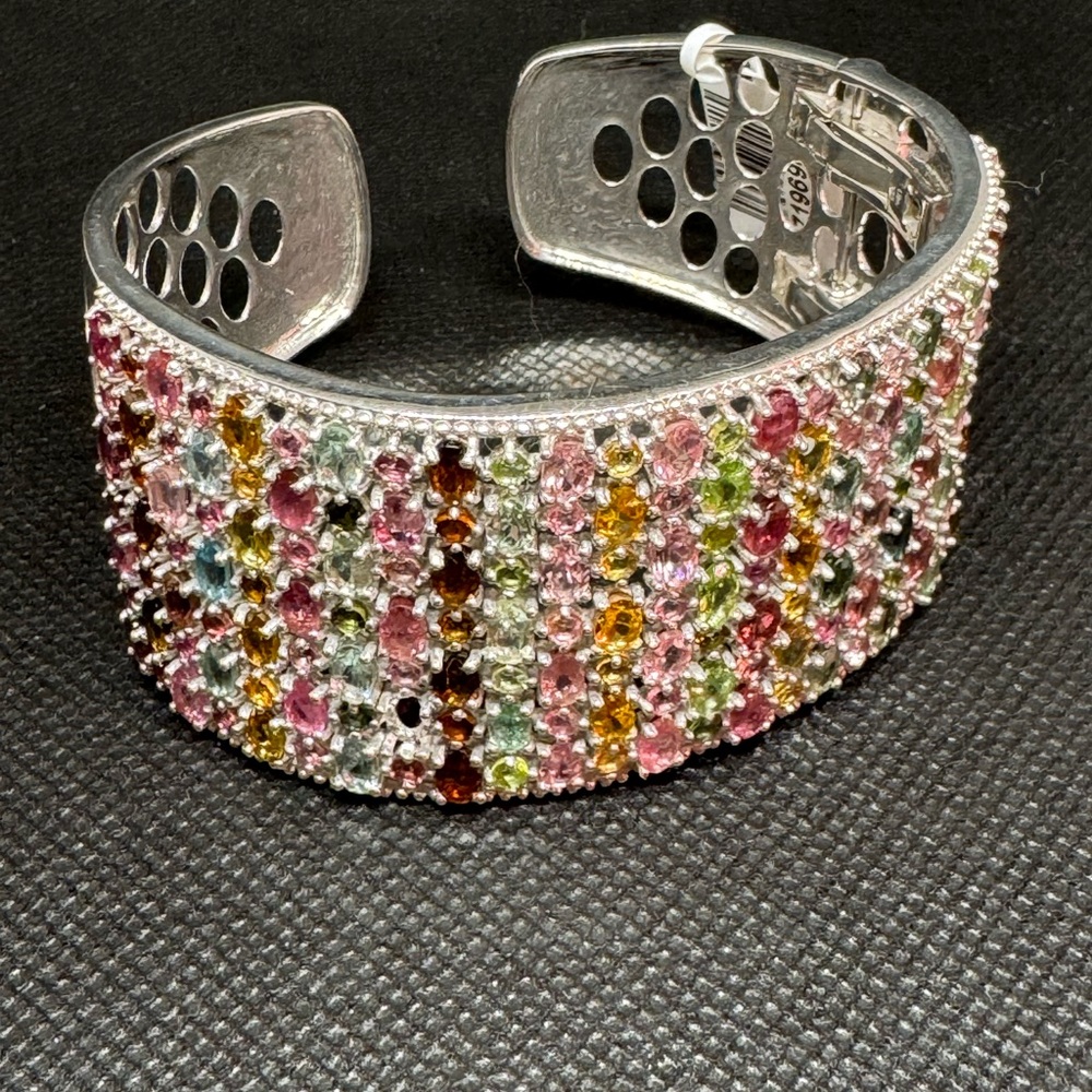 Multi-tourmaline  Gemstone Sterling Silver Cuff Bracelet